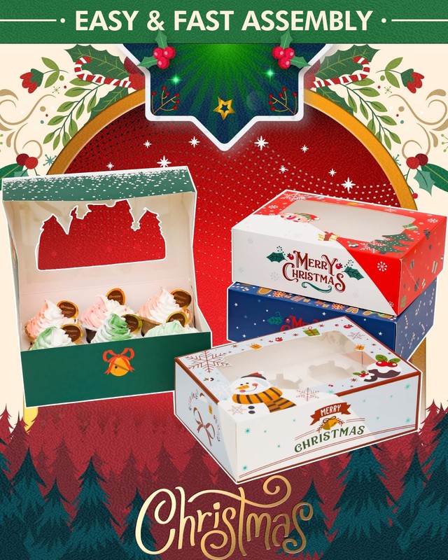 30 Pack 6-Cup Christmas Cupcake Boxes with Window 9.4x6.1x3 inch Carrier gallery