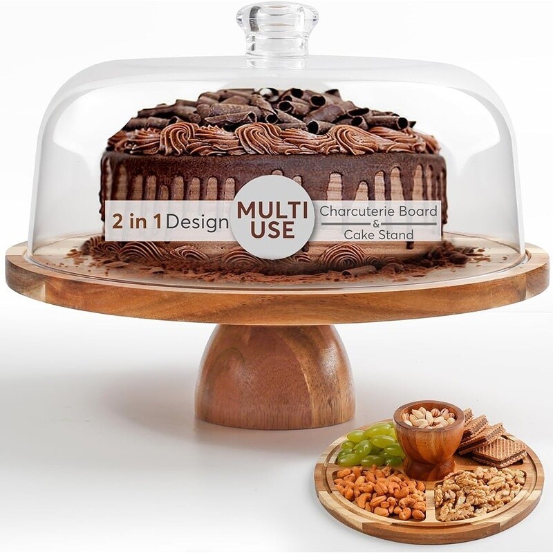 Elegant 2-in-1 Acacia Wood Cake Stand W/ Shatterproof Dome Parties Events New gallery