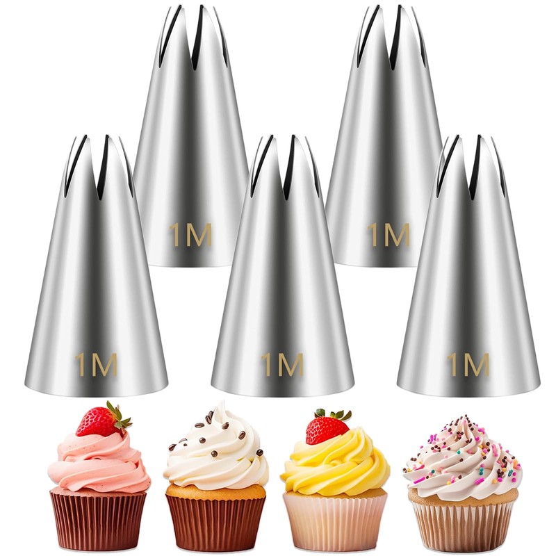 1M Piping Tips Seamless Stainless Steel Large Star Pastry Nozzles 5 Pieces