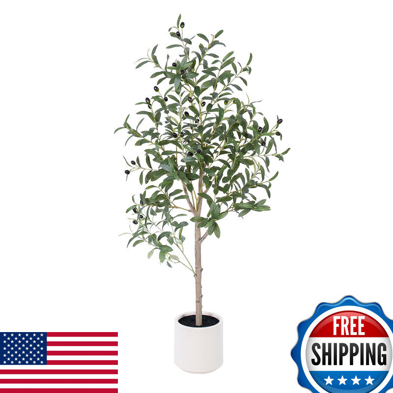 Aqugq Olive Tree Artificial Indoor 4Ft Tall Silk Faux Olive Tree White Planter