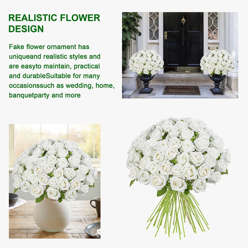 Uqueeten Artificial Flowers Roses White 100PCS 19.6" Bouquet gallery