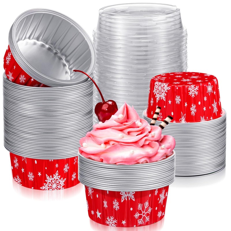 100 Pcs Christmas Aluminum Foil Baking Cups with Lids 4.3oz Baking Liner Cups…