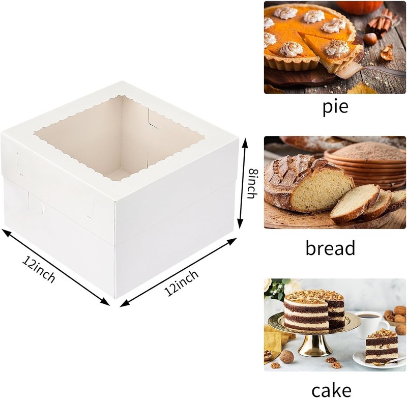 Reusable Cake Boxes - 15 Pack 12x12x8 Inch White Cardboard with Display Window gallery