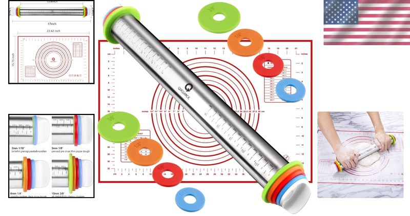 Stainless Steel Rolling Pin with Baking Mat & Adjustable Thickness Rings gallery