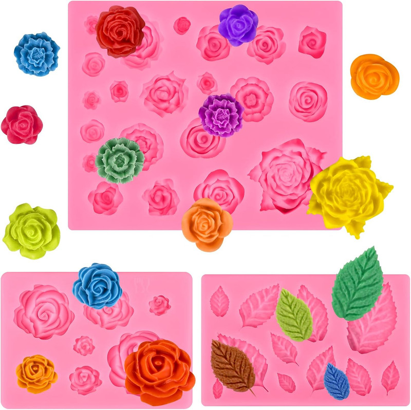 Rose Flower Silicone Mold, Leaves Candy Mold, 3 Pcs Mini Rose and Leaf Silicone