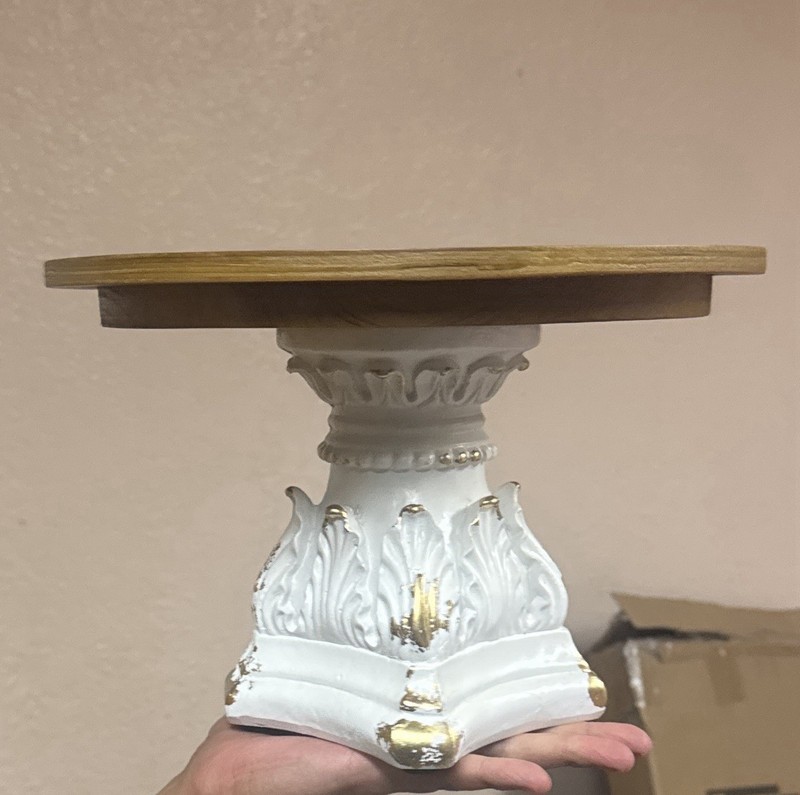 Antique Style Distressed Wood and Ceramic Cake Stand, Brown and White, Round gallery
