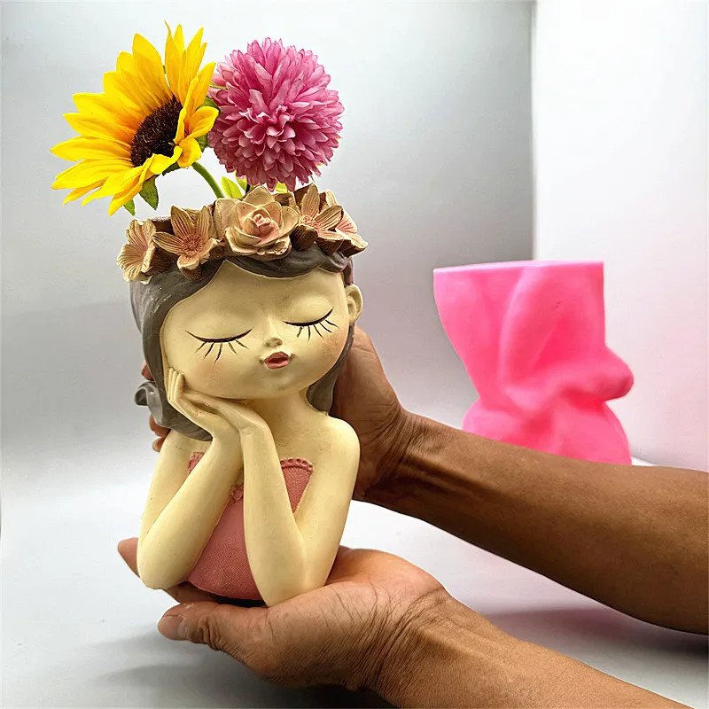 DIY silicone mold 3D cute girl flower pot resin gypsum concrete crystal drip glu