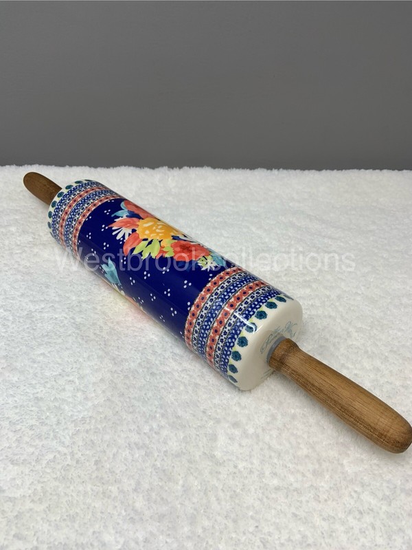 Pioneer Woman FIONA Stoneware Rolling Pin Acacia Wood Handles - Retired NIB gallery