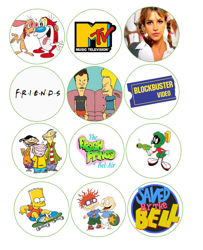 set 12- 90’s/2000’s nostalgia decade themed edible paper, cupcake cookie toppers