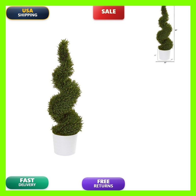 Nearly Natural 50In. Rosemary Spiral Topiary Artificial White Planter