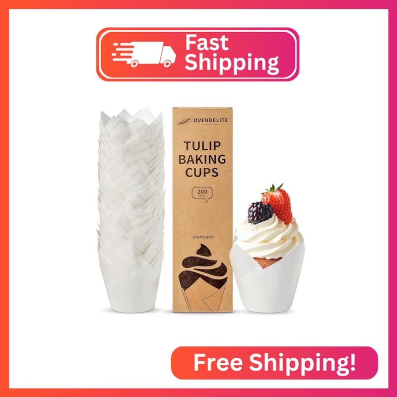 OvenDelite 200pcs Whtie Tulip Cupcake Liners for Baking Cups Parchment paper Tul