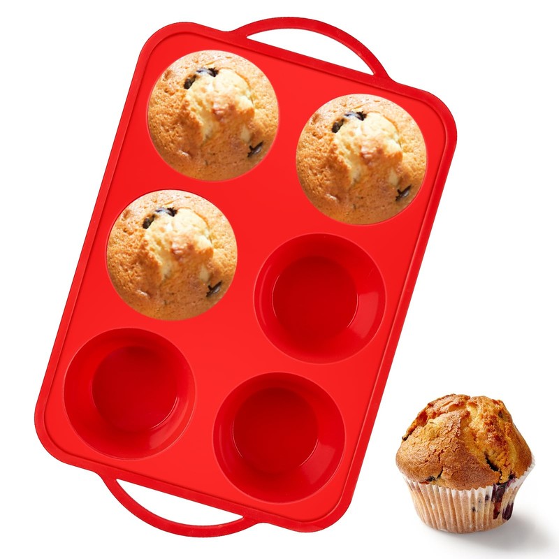 Puyeipt Jumbo Muffin Pan with Metal Frame, 6 Cup Large Cupcake 3.7 Inch, Red