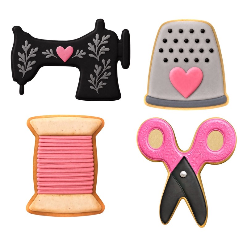 4 Piece Sewing Machine Thimble Spool Scissors Cookie Cutter Set Quilting gallery