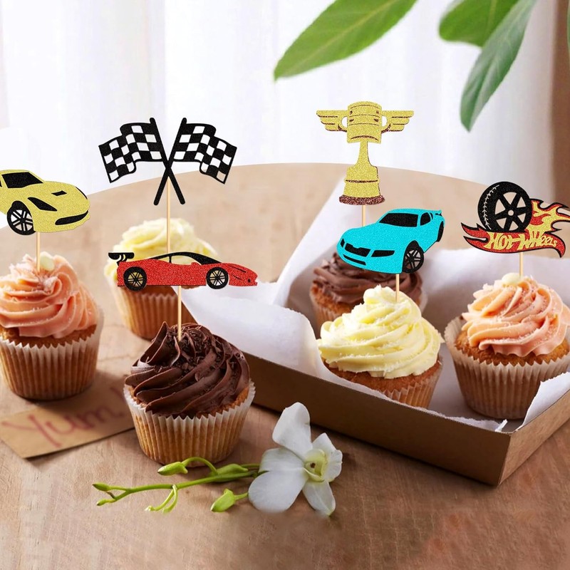 24Pcs Glitter Race Car Cupcake Toppers Sparkling Trophy Checkered Flag Cupcake gallery