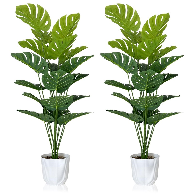Sajandas Set Of 2 Artificial Monstera Deliciosa Plants In Pots Fake Tropical