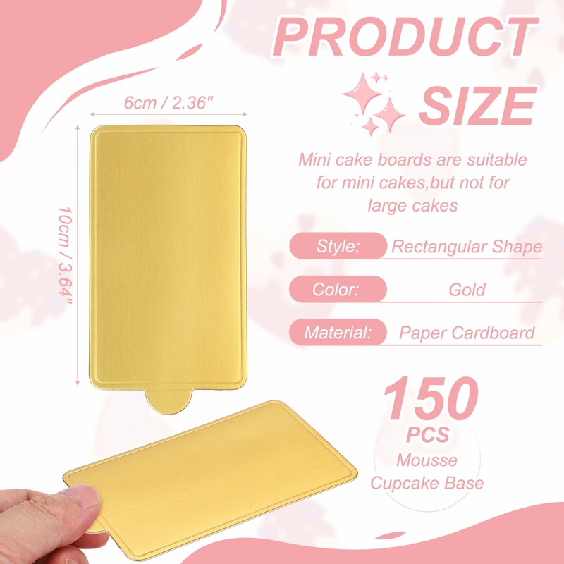 150 Pcs Mini Cake Boards, 3.9 Inch Rectangular Mousse Cake Base, Gold gallery