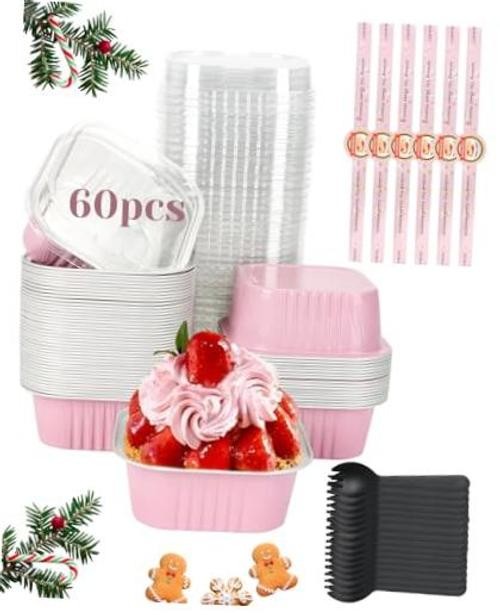 60 Pack 10oz Mini Cake Pans with Lids, Spoons, Stickers – Disposable Pink