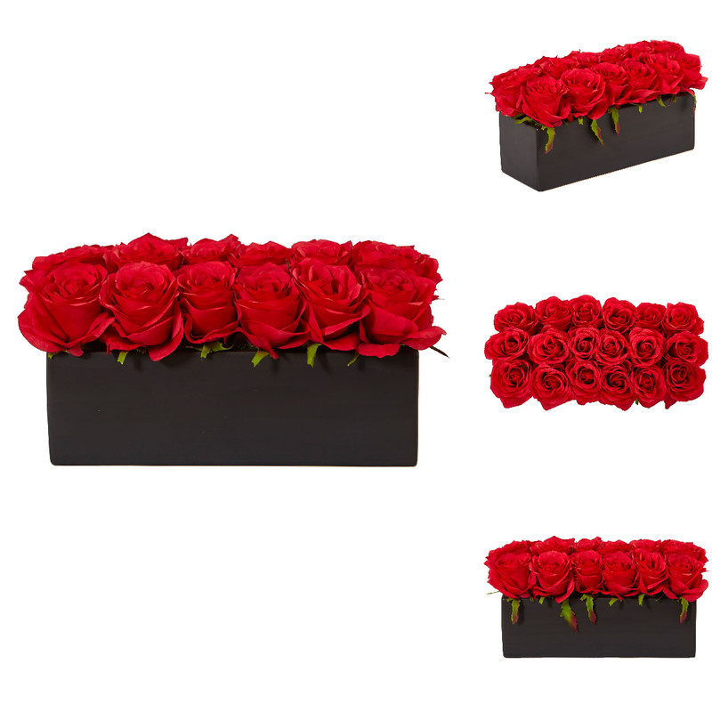 Nearly Natural Dozen Silk Roses In Ceramic Rectangular Planter