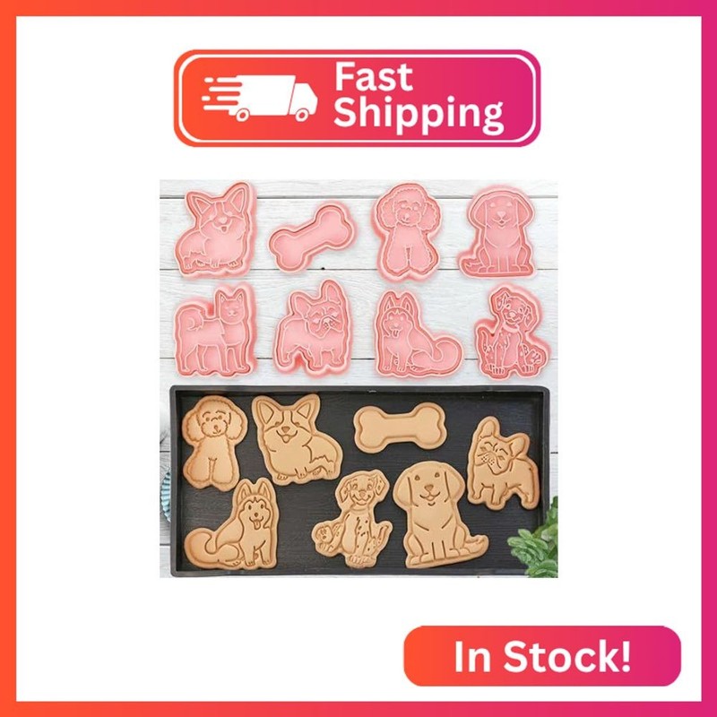 8 Dog Cookie Cutters Set, 3D Puppy Cookie Stamps, Cupcake Pancake Apple Pie Past