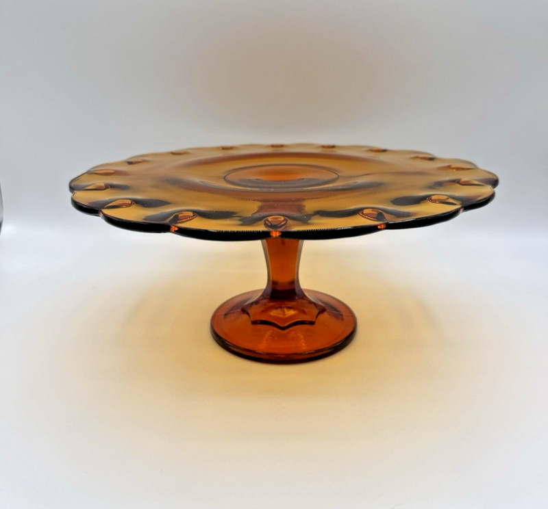 VTG Indiana Glass Amber Teardrop Pattern Scalloped Edge Pedestal Cake Stand gallery