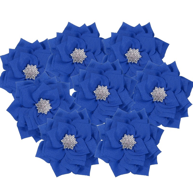3 Inch 10 Pcs Rhinestone Pearl Chiffon Flower, Sapphire Blue