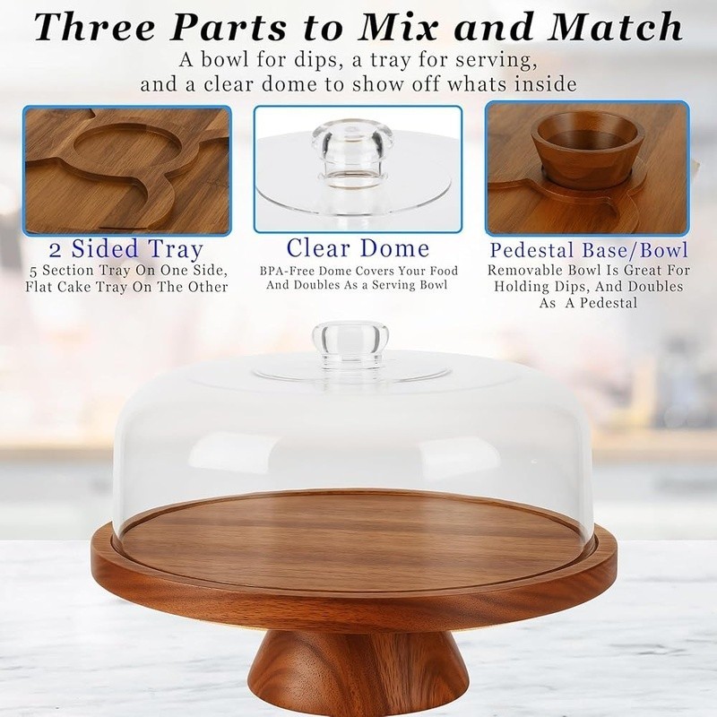 6 in 1 Acacia Wood Cake Stand with Lid Multiuse Wooden Cake Stand Acrylic gallery
