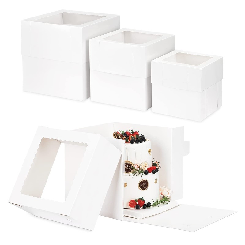 Moretoes 12 Pcs Cake Box, Tall Cake Boxes with Window in 3 Sizes 12x12x12 10x10x