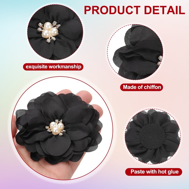 10Pcs 3.15 Inch Rhinestone Chiffon Flower Fabric Appliques Black gallery