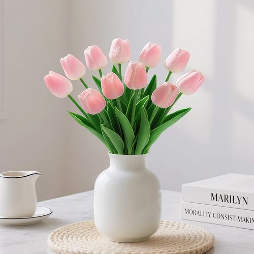 20 Pcs Tulips Artificial Flowers 13" Fake Tulips Real Touch PU Faux Tulip Pink gallery