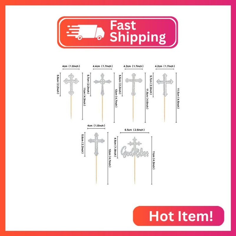 Ercadio 36 Pack Cross Cupcake Toppers Silver Glitter Cross God Bless Cupcake Top gallery