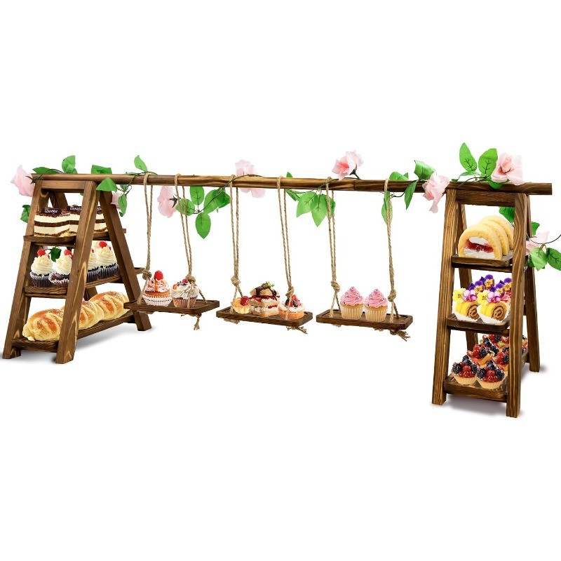 3-Tier Wooden Cake Stand with Removable Trays & Flower Decor – Display Cupcakes