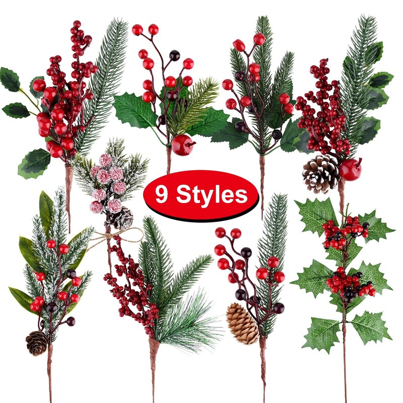 Miahart 18 Pcs Christmas Picks Artificial Pine Branches Red Berry Stems Pine gallery