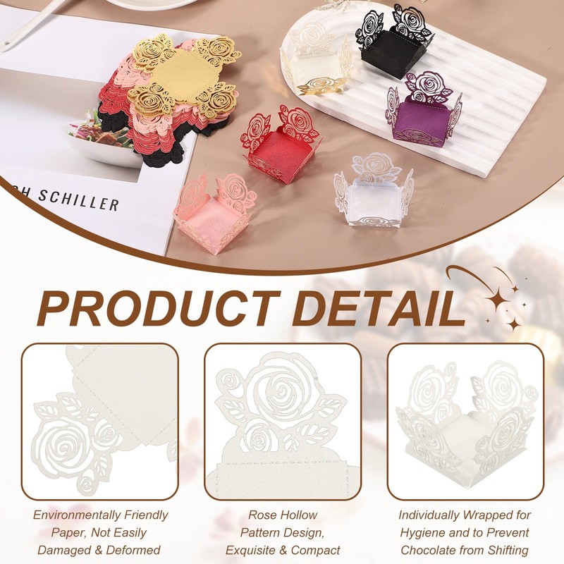 50Pcs 1.4x1.4" Rose Shape Truffle Wrapper Cupcake Liners for Decor, White/Black gallery