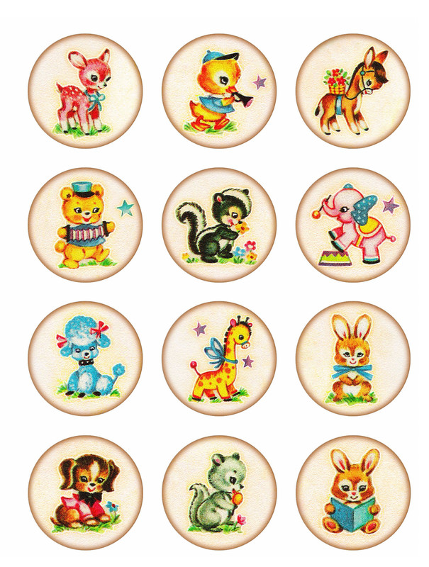 set of 12 vintage baby animals, edible paper, cupcake cookie toppers CHOOSE SIZE gallery