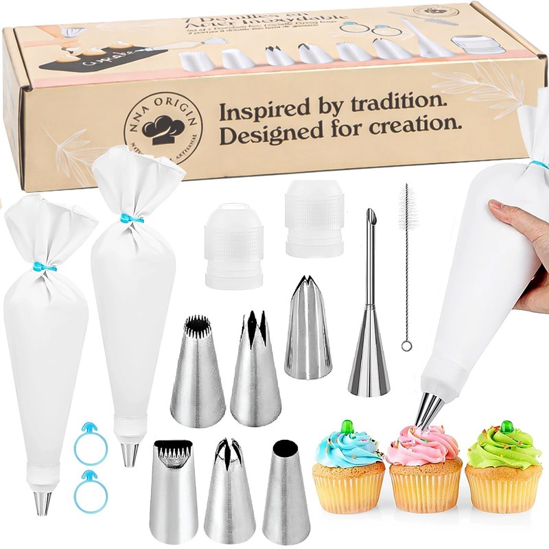 2 Reusable Piping Bags and Tips Set – 16 Inch Pastry Bags for Cake Decorating…