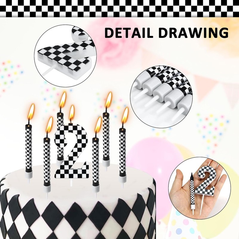 13 Pcs Racing Cars Themed Birthday Candles, Black and White Checkered Birthday gallery