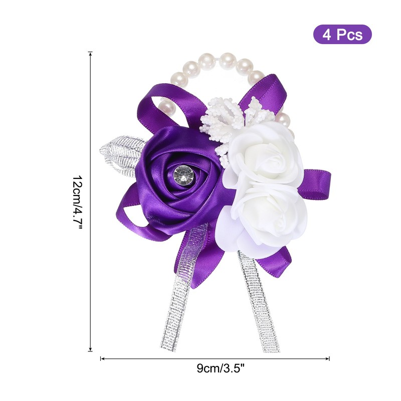 Wrist Corsage Artificial Flower Bracelets Pack of 4 Rose Wrist Purple gallery