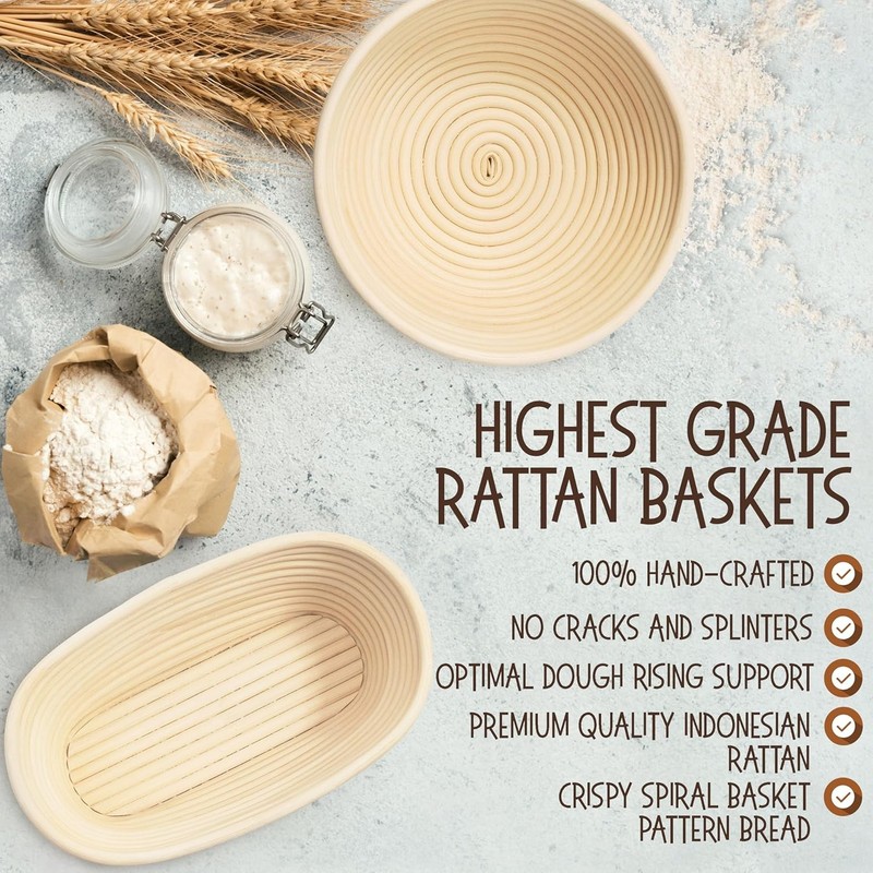 Sourdough Proofing Basket Set 2 Rattan Banneton Round 9" & Oval 10" Bread Mak... gallery