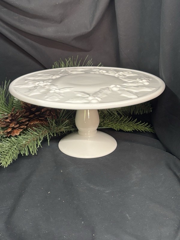 Vintage White 11" Ceramic Holly and Berries Pedestal Cake Stand gallery