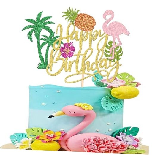 1 PCS Tropical Luau Happy Birthday Cake Topper Hibiscus Flower Design 3 Green