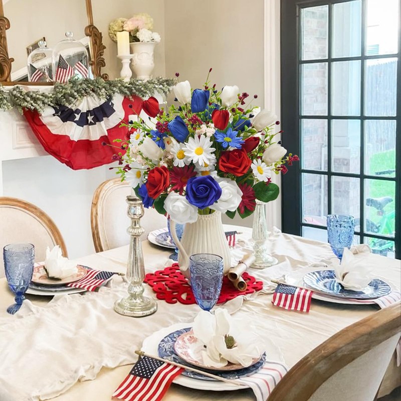 Succwoah 4Pcs Patriotic Artificial Flowers Mixed Bush Red White Blue Rose Tulip gallery