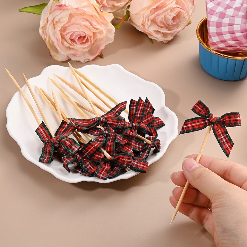 60Pcs Bow Cupcake Toppers, Ribbon Bow Cake Toppers for Cake Decor[Red and Green] gallery