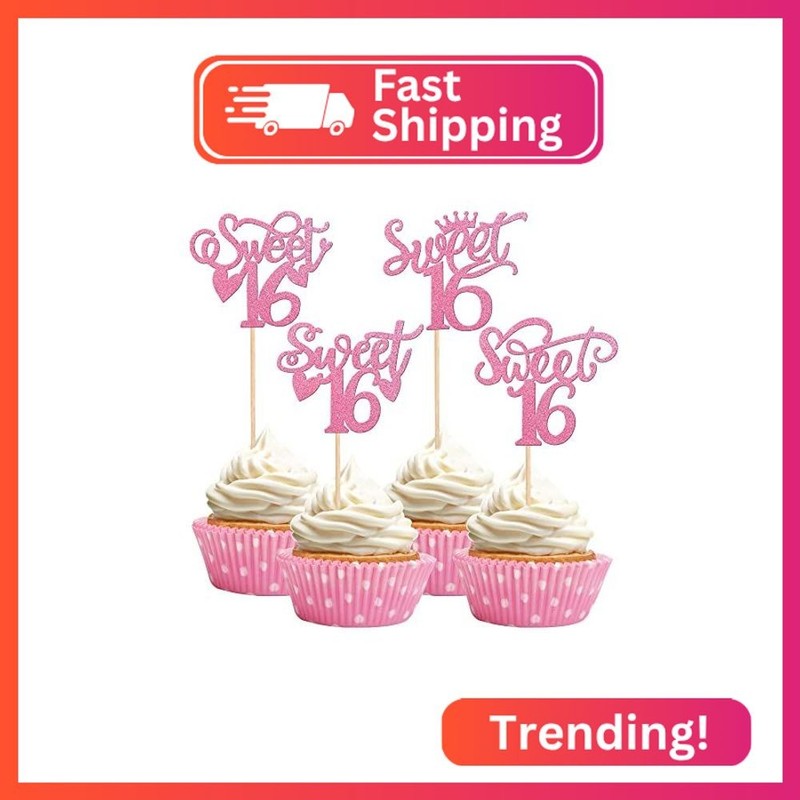 24 PCS Sweet 16 Cupcake Toppers with Glitter Heart Sixteen Happy 16th Birthday C