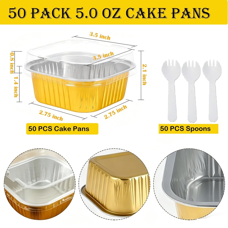 50 Pack Mini Cake Pans with Lids, 5oz Square Aluminum Foil Baking Cups with 5... gallery