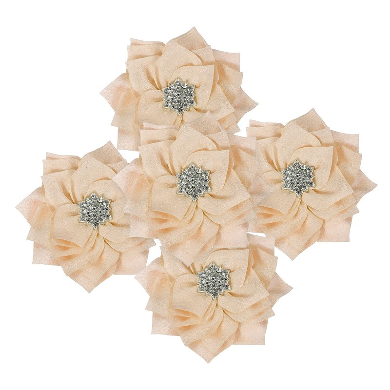 3 Inch 5 Pcs Rhinestone Pearl Chiffon Flower, Khaki