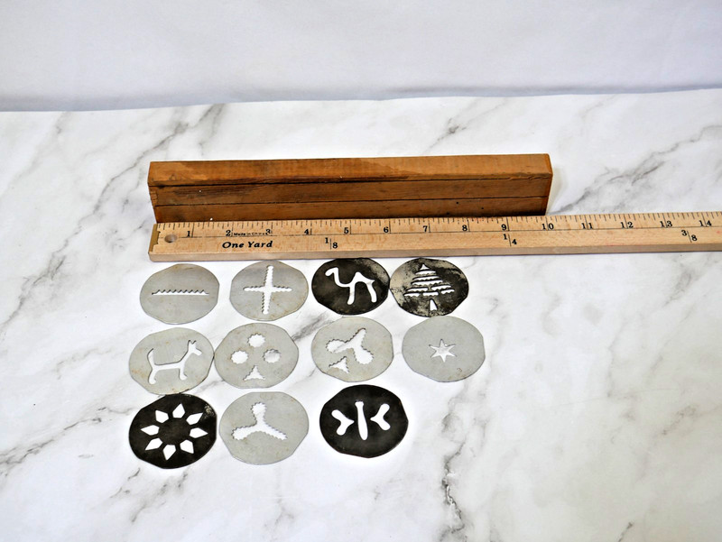 Lot of 11 Cookie Press Shapes /Discs & Wood Block Holder Mirro Cooky Vintage gallery