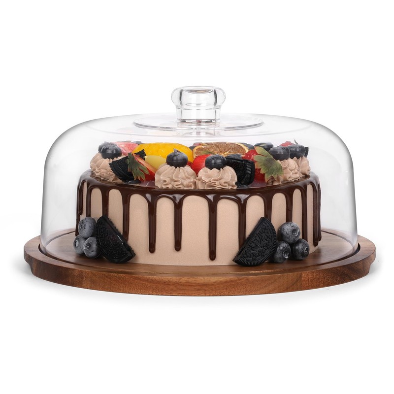 Cake Stand with Clear Acrylic Dome Lid, 12in Acacia Wood Cake Holder with Lid…