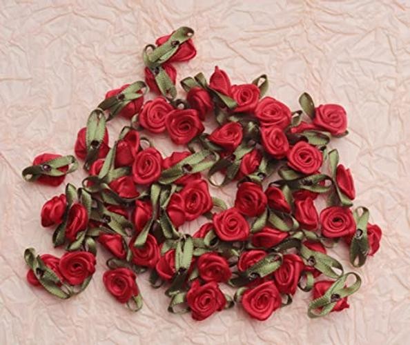 50 Pcs Satin Roses with Green Leaves Mini Cute Ribbon Bows Fabric Red gallery