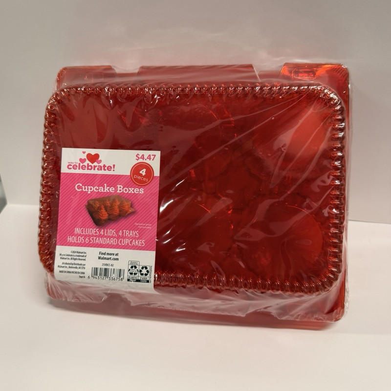 Celebrate! Red Plastic Disposable Cupcake Boxes 4-Pack Holds 6 Cupcakes