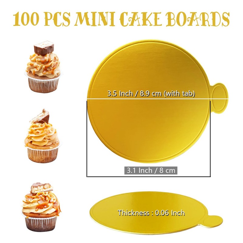 100 PCS 3.1 Inch Gold Mini Cake Boards Round Paper Cupcake Dessert Displays gallery